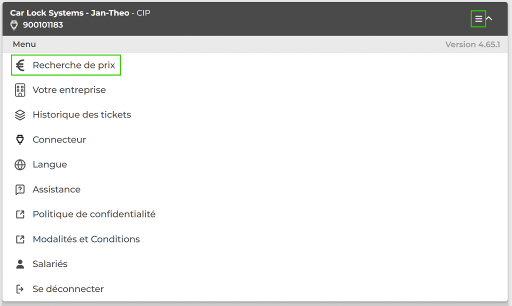 Cliquez sur le menu en haut à droite & sélectionnez ‘Price Look-Up’.