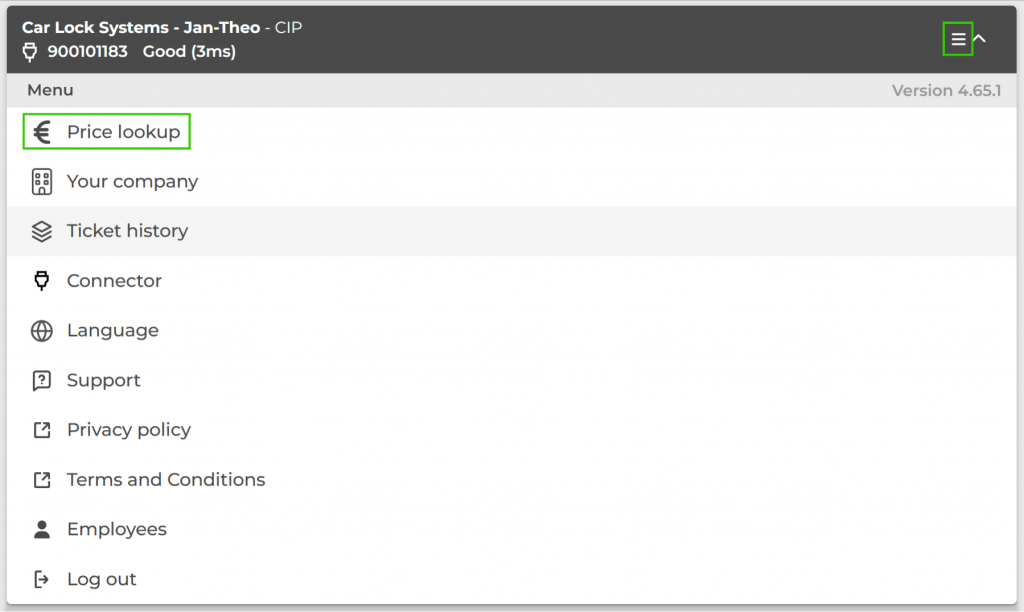 Click the menu at the top right & select ‘Price Look-Up’.